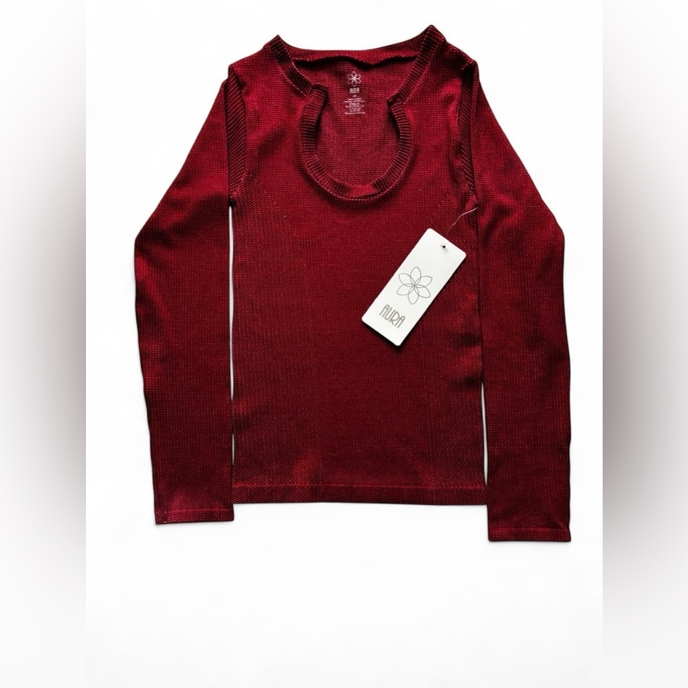 Aura Red Textured Long Sleeve Top Scoop Neck Stretchy NWT
